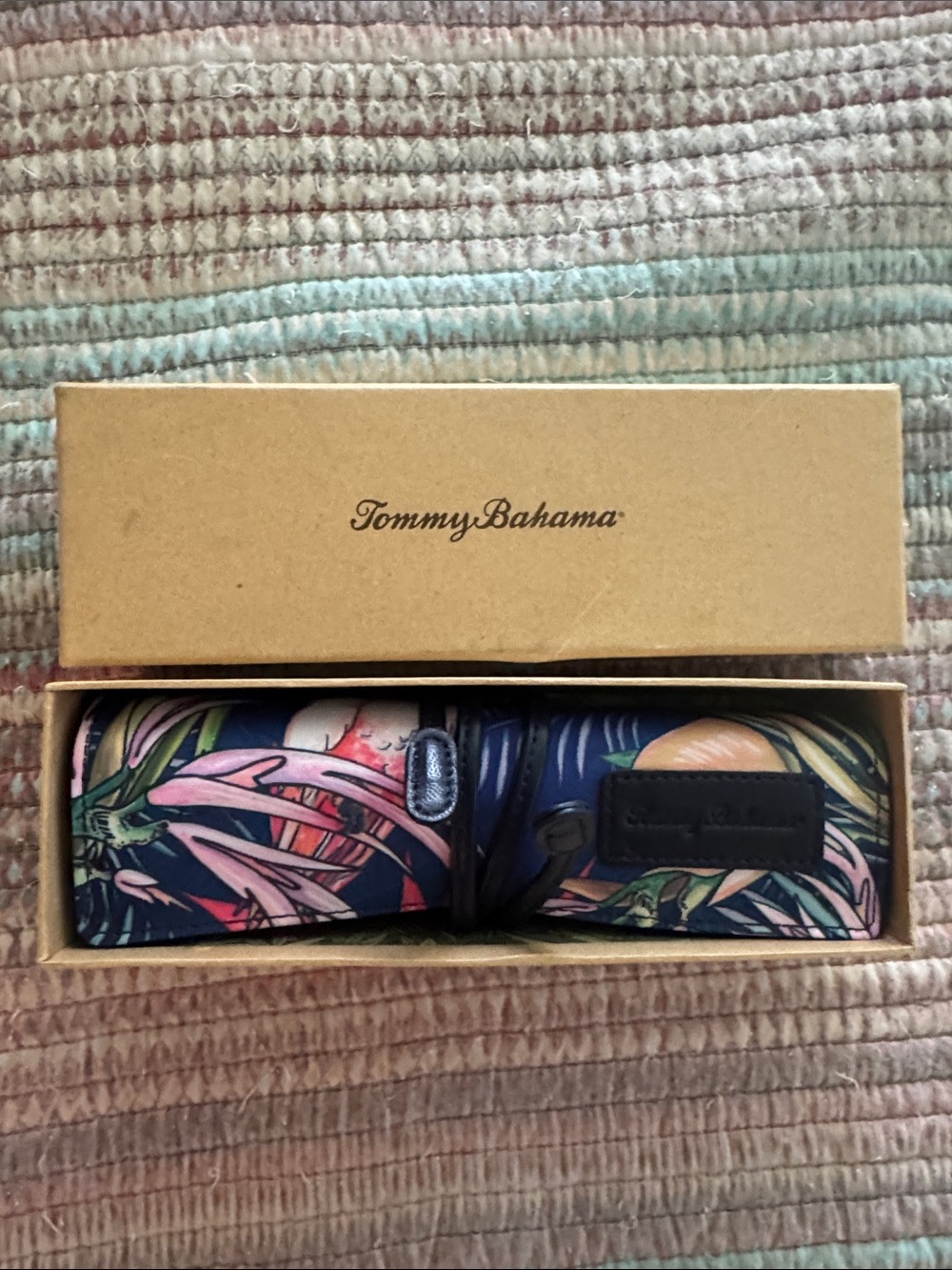 Tommy Bahama Navy Travel Jewelry Roll with Pink & Green Tropical Print